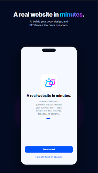 BetterSites mobile app creating an AI business website in minutes