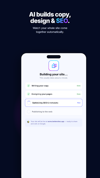 BetterSites AI writing copy, designing pages and optimizing SEO metadata