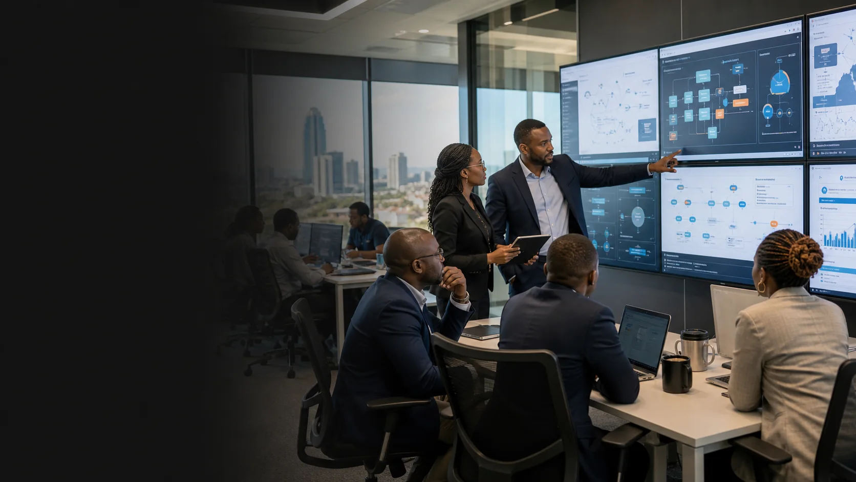 Enterprise AI implementation team reviewing connected business systems across Africa